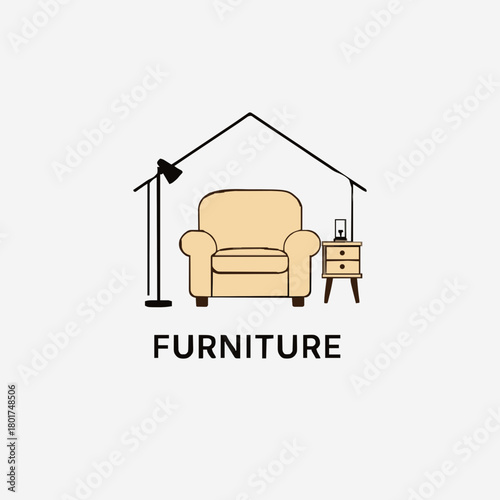 Minimal home-interior logo: a beige armchair forms the center, flanked by a black silhouette floor lamp on the left and a small nightstand with a square lamp on the right. Encased in a simple linear h