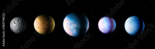 Extrasolar planets in a row. Composite image of exoplanets in space. Planets of different types on a black background.