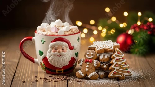 Cozy Christmas hot chocolate in Santa mug with marshmallows, gingerbread cookies and warm fairy lights on rustic wooden table, festive winter holiday dessert drink scene
