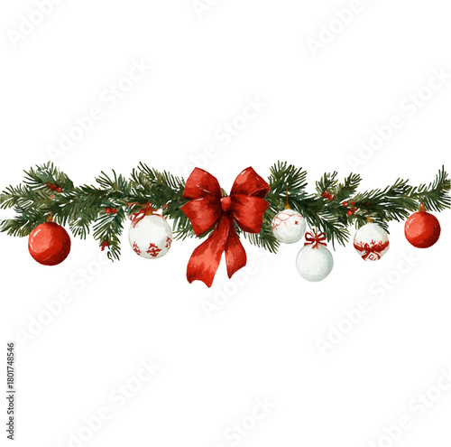 Christmas watercolor garland decorating evergreen pine branches with festive red ribbon bow, traditional ornaments, and winter berries, celebrating holiday season with transparent background