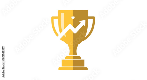 Golden trophy with upward trending arrow graph symbolizing financial success and achievement
