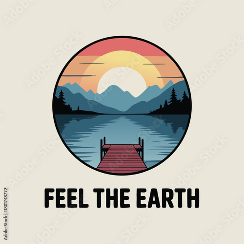 Picturesque mountain lake at sunset with pier circle badge