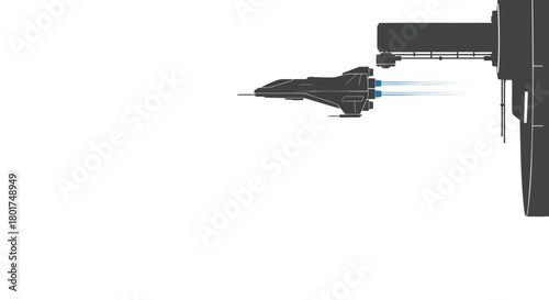 Silhouette of a futuristic fighter jet flying past a tall industrial structure against a stark white background