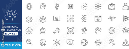 Artificial Intelligence Line Icon Set. Machine, Automation, Algorithm, Robotic, Generation, Processing, and Science outline icons collection