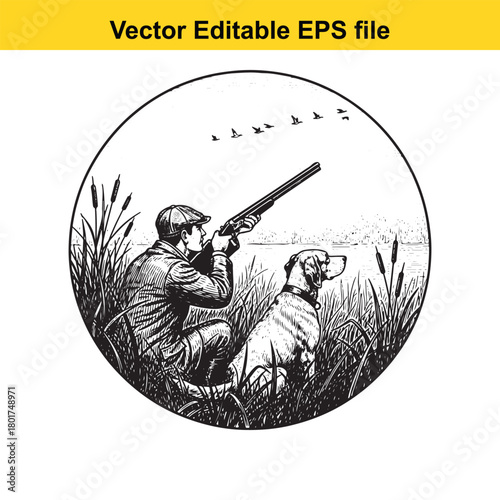 Hunter with dog aiming shotgun at flock of birds flying over reeds in a circular frame, vintage illustration