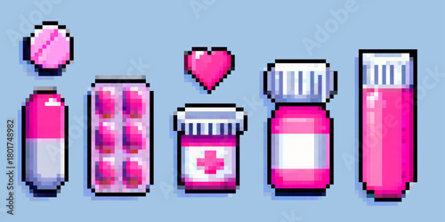 Vector illustration uses pixel art style with bright pink and white colors, featuring medicine bottles, pills, and a heart on a blue background. The theme is healthcare, medicine, and wellness.