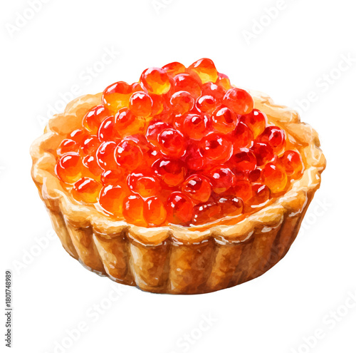 Hand painted watercolor red salmon caviar tartlet, individual appetizer for catering or celebration, offering luxurious seafood delicacy on transparent background