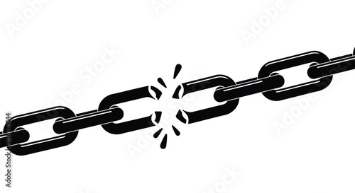 A strong black metal chain with one link broken and shattering into pieces against a white background