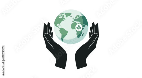 Two open black hands gently cradling and protecting a stylized green earth globe symbolizing environmental care