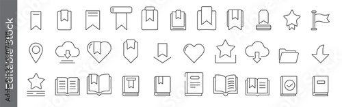 Mega collection of Bookmark, favorite and reading line icon set – editable outline symbols of book, star, heart, flag, download, library