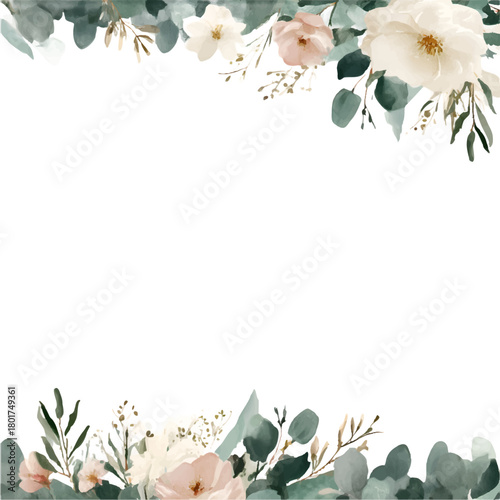 Watercolor floral frame with blush pink and white roses, eucalyptus, green foliage and dried gold accents forming decorative top and bottom borders on transparent background