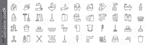 Mega collection of Cleaning, hygiene and housekeeping line icon set – editable outline symbols of washing, soap, mop, trash, laundry, sanitizer