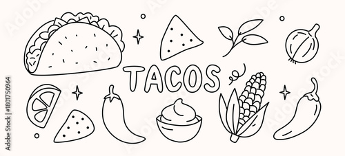 Tacos doodle set hand drawn Mexican food illustration with chili pepper, corn, tortilla chips and sauce