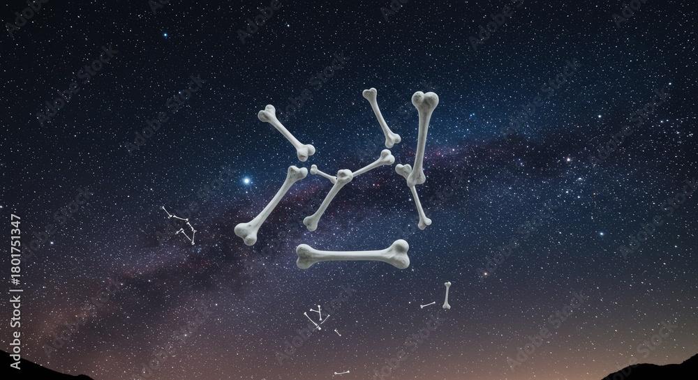 Naklejka premium Bones arranged to resemble a constellation against a starry night sky