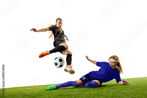 Female football striker sprinting toward ball in decisive match moment. Concept of match storytelling, body in motion, sports campaigns, teamwork education, youth coaching.