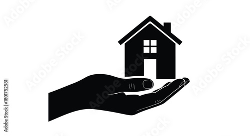 Silhouette of a hand gently holding a simple house icon representing home ownership and security
