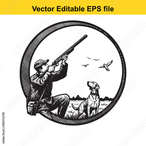 Hunter kneeling with shotgun aiming at birds in flight, accompanied by a dog, vintage engraving style, vector art