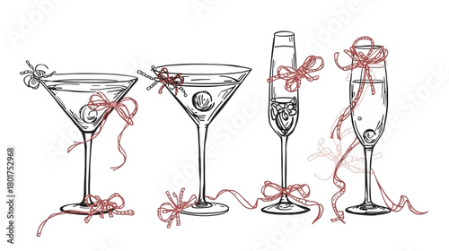 Elegant line art illustration of four cocktail glasses adorned with ribbons.