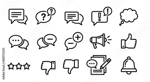 Minimalist black line art icon set for communication, feedback, and social media interactions.