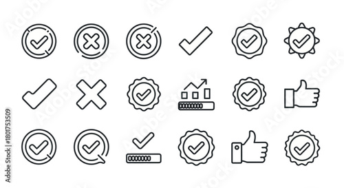 Collection of Line Art Icons - Checkmarks, Crosses, Thumbs Up, and Progress Indicators.