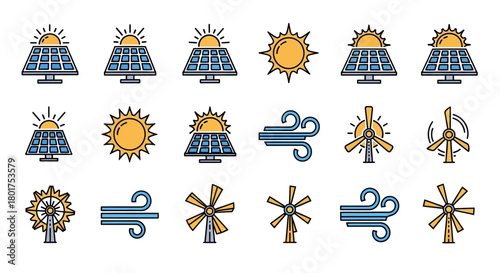 Collection of Renewable Energy Icons - Solar Panels, Sun, Wind Turbines, and Wind Gusts.