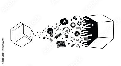 Creative ideas and concepts exploding from an open box symbolizing innovation and imagination