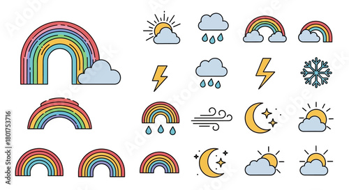A colorful set of cartoon weather forecast icons with bold black outlines, featuring rainbows, sun, clouds, and lightning bolts.