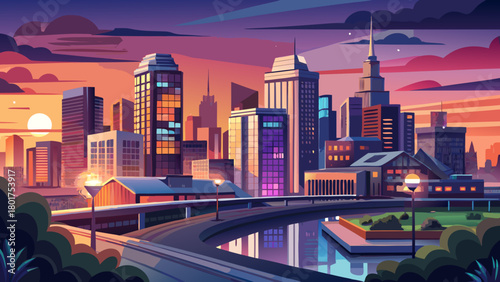 Very beautiful dusk settling over the urban downtown metro area of Newark, New Jersey, with softly glowing buildings, atmospheric evening light, and a calm cityscape transitioning into night.