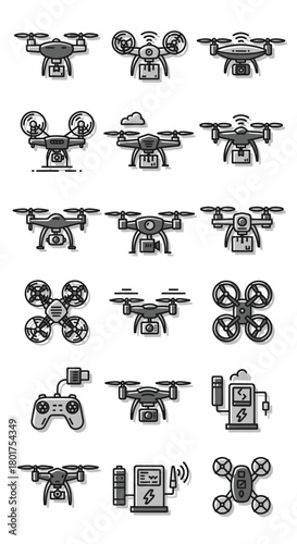 Hand-drawn drone icons collection featuring diverse quadcopter models and remote controls.