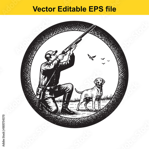 Hunter aiming shotgun at flying birds with dog in field, vintage illustration