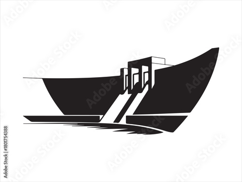 Water Dam Silhouette, Dam Silhouette Vector – Water Spillway Hydropower Structure Illustration