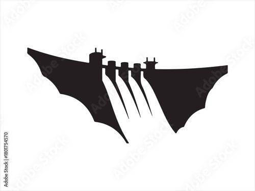 Water Dam Silhouette, Dam Silhouette Vector – Water Spillway Hydropower Structure Illustration