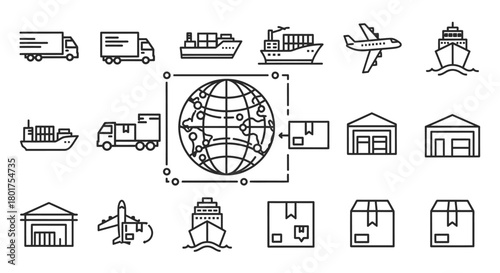 Minimalist Global Logistics Line Art Icons Set for Shipping and Delivery.