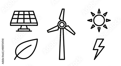 Renewable Energy Icons - Solar Panel, Wind Turbine, Sun, Leaf, Lightning.