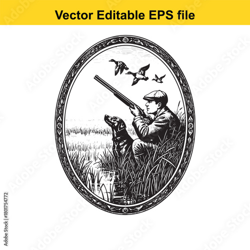 Hunter aiming shotgun at flying birds with dog in marsh, vintage illustration