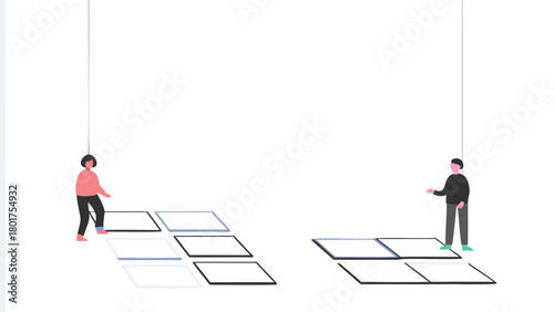 Dynamic abstract design featuring diverse illustrated people actively engaged in a modern collaborative workspace environment conveying innovation and teamwork