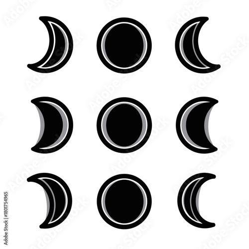 Stylized black moon phase icons with bold white outlines and glossy highlights.