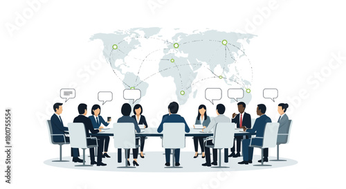 Diverse group of business professionals in a global meeting discussing ideas around a table with a world map backdrop