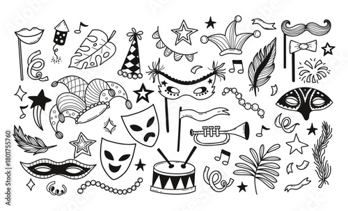 Carnival Celebration Doodle set. Theatrical, Festive, Party and Masquerade masks, musical instruments, garland with fireworks. Isolated Outline Hand-drawn scribble icons. Vector Illustration. Not AI