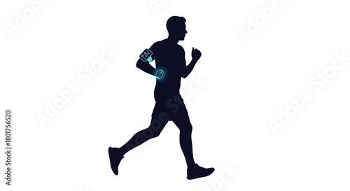 Silhouette of a male runner in motion with a smartphone armband against a white background