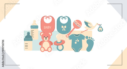 Charming newborn essentials illustration showcasing baby bottles, bibs, toys and cute stork