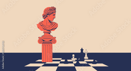 Conceptual art showcasing strategy and intellect with a sculpture and chess game