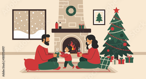 Cozy christmas family scene with fireplace and christmas tree in flat vector design