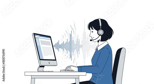 Customer service representative working with voice recognition software at desk computer