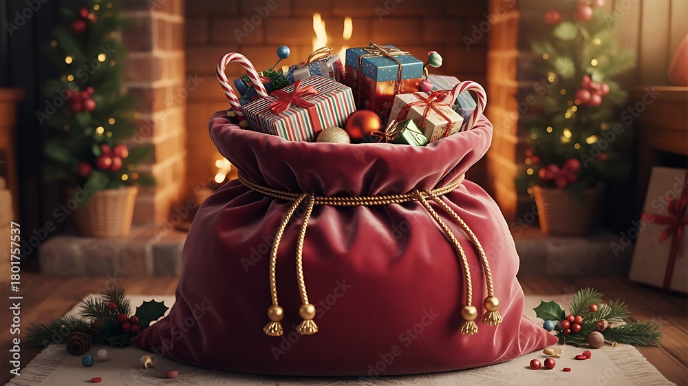 Fototapeta premium Festive Christmas Gift Sack Overflowing Presents Holiday Cheer Fireplace Setting Photo