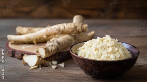 Fresh grated horseradish in a rustic wooden bowl with whole roots. Generative AI