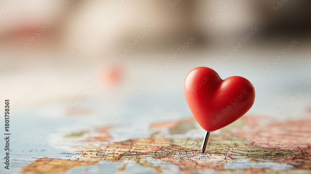 Fototapeta premium Heart shaped map pin marking a location on a travel map representing favorite destination, emotional attachment and love for a special place. 