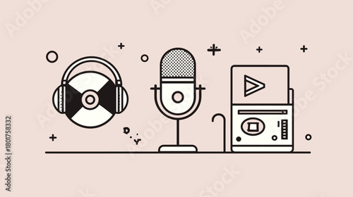 Minimalist Line Art Icons for Audio Production and Playback: Headphones, Microphone, and Retro Portable Media Player