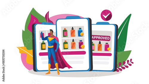 Dynamic superhero mascot character enthusiastically reviewing and endorsing various products with a positive and engaging presentation showcasing a vibrant and energetic personality