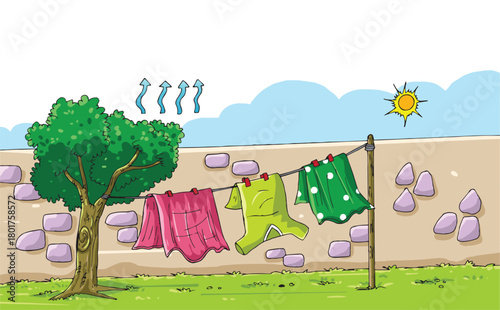 Science of hand drawn vector Clothes Drying and Evaporation Process outline.	
